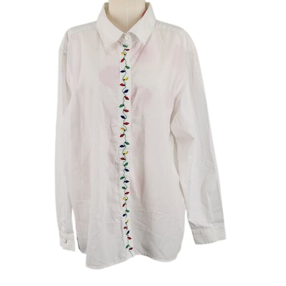 Women's Vintage Nutcracker Christmas Lights Embroidered White Button Down Shirt - Picture 1 of 7